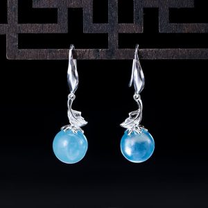 Buddha Stones 925 Sterling Silver Natural Aquamarine Leaf Flower Peace Earrings Necklace Earrings BS Leaf Aquamarine Earrings