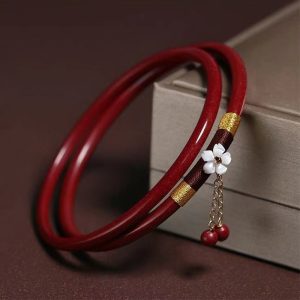 Buddha Stones 2Pcs Cinnabar Flower Blessing Bangle Charm Bracelet Bracelet BS Cinnabar