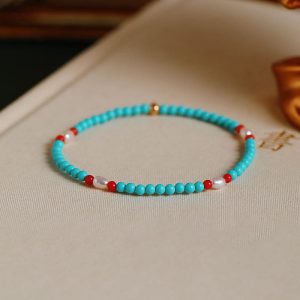 Buddha Stones Turquoise Red Agate Pearl Small Beaded Protection Bracelet Bracelet BS Red Agate&Turquoise(Wrist Circumference 14-16cm)