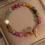 Buddha Stones Natural Colorful Tourmaline Butterfly Auspicious Character Gourd Charm Positive Bracelet Bracelet BS 1