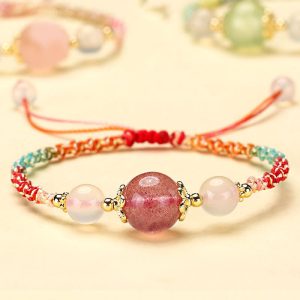 Buddha Stones Strawberry Quartz Pink Crystal Prehnite White Agate Bead Healing Rope Bracelet 1