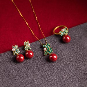 Buddha Stones 925 Sterling Silver Plated Gold Cinnabar Pearl Flower Blessing Necklace Pendant Earrings Ring Set Bracelet Necklaces & Pendants BS 3Pcs(Necklace&Ring&Earrings)