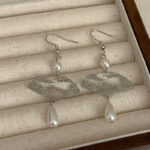 Buddha Stones Copper Fan Auspicious Clouds Pearl Healing Drop Earrings 5
