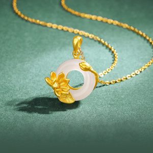 Buddha Stones Natural White Chalcedony Peace Buckle Lotus Pendant S925 Sterling Silver Necklace 1
