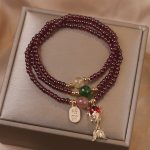 Buddha Stones Natural Garnet Strawberry Quartz Crystal Fox Koi Fish Peace Buckle Fortune Protection Triple Wrap Bracelet Bracelet BS Garnet&Koi Fish