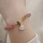 Buddha Stones Natural Strawberry Quartz Jade Peace Buckle Coin Purse Healing Bracelet Bracelet BS Strawberry Crystal Coin Purse Bracelet(Wrist Circumference: 14-16cm)