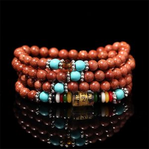 Buddha Stones 108 Mala Beads Goldstone Om Mani Padme Hum Swastika Confidence Bracelet Mala Bracelet BS Goldstone(Ambition♥Encourage)