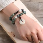 Buddha Stones Cyan Bodhi Seed Lotus Jade Peace Buckle Wisdom Double Wrap Bracelet Mala Bracelet BS 5