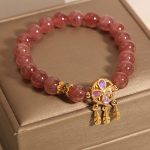 Buddha Stones Natural Strawberry Quartz Four Leaf Clover Dreamcatcher Charm Love Bracelet Bracelet BS 1