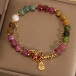 Buddha Stones Natural Colorful Tourmaline Butterfly Auspicious Character Gourd Charm Positive Bracelet Bracelet BS 2