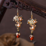 Buddha Stones 14K Gold Plated Tridacna Stone Flower Pearl Green Aventurine Bead Drop Earrings Earrings BS Black Tridacna Stone Flower Pearl Red Bead