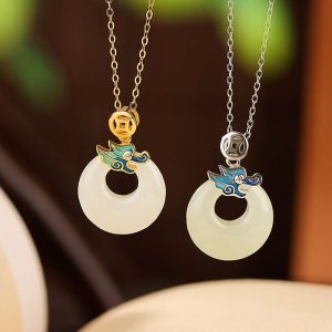 Buddha Stones 925 Sterling Silver Plated Gold Year of the Dragon Hetian Jade Peace Buckle Copper Coin Abundance Necklace Pendant Necklaces & Pendants BS main