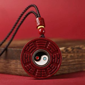 Buddha Stones Natural Cinnabar Bagua Rotatable Yin Yang Keep Away Evil Spirits Necklace Pendant Necklaces & Pendants BS Cinnabar(Calm♥Concentration)