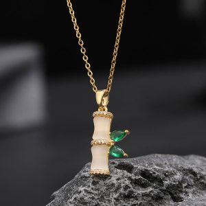 Buddha Stones 18K Gold Plated Chalcedony Bamboo Rhinestones Harmony Necklace Pendant Necklaces & Pendants BS Chalcedony(Positive♥Harmony)
