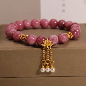 Buddha Stones Pink Tourmaline Lotus Flower Positive Bracelet Bracelet BS Tourmaline(Wrist Circumference: 14-16cm)