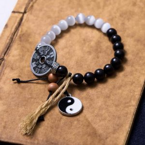 Buddha Stones Cat's Eye Ebony Wood Yin Yang Bagua Coin Support Rope Bracelet Bracelet BS Cat's Eye Ebony Wood(Wrist Circumference 14-16cm)