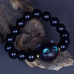 Buddha Stones Ebony Wood Liuli Glass Lovely Cat Peace Balance Bracelet Bracelet BS 13