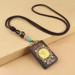 Buddha Stones Tibet God of Wealth Thangka Ebony Peace Necklace Pendant Necklaces & Pendants BS Yellow Thangka