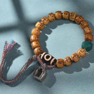 Buddha Stones Natural Tibetan Camel Bone Swastika Dzi Bead Shankha Buddha Charm Kirtimukha Luck Protection Tassel Bracelet Bracelet BS Camel Bone&Dzi Bead(Wrist Circumference 15-16cm)