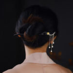 Buddha Stones Ebony Wood Yellow Flower Pearl Tassels Hairpin Hairpin BS 3