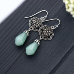 Buddha Stones Magnolia Flower Jade Water Drop Prosperity Dangle Earrings Earrings BS 1