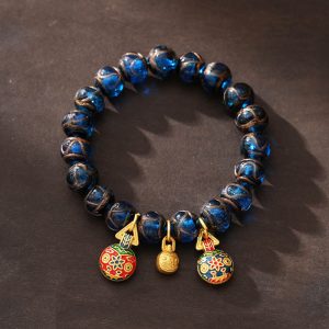 Buddha Stones Gold Swallowing Beast Luck Charm Blue Liuli Glass Bead Fortune Bracelet Bracelet BS 10mm(Wrist Circumference 14-16cm)