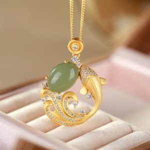 Buddhastoneshop Cyan Jade Koi Fish Healing Calm Necklace Pendant