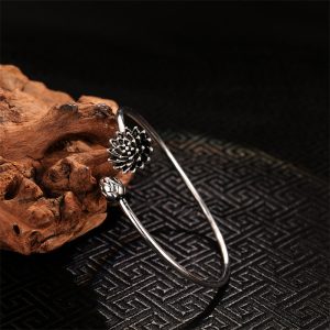 Buddha Stones Retro Lotus White Copper Enlightenment Bracelet Bangle Bracelet Bangle BS Gray Lotus