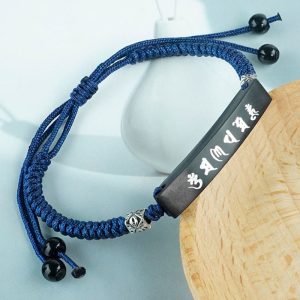 Buddha Stones Buddhism Six True Words Wood Ebony Wood Silver Inlaid Protection Bracelet Bracelet BS Ebony Wood Silver Inlaid Bracelet(Wrist Circumference: 14-19cm)