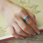 Buddha Stones Copper Blue Enamel Lotus Heart Sutra Koi Fish Luck Ring Ring BS 12