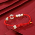 Buddha Stones 925 Sterling Silver Plated Gold Hetian Jade Peace Buckle Pearl Luck Bracelet Bracelet BS 3