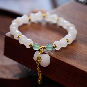 Buddha Stones Natural White Golden Silk Jade Bamboo Pattern Wealth Lucky Bag Fu Character Bracelet Bracelet BS Gold Silk Jade Bamboo Money Bag