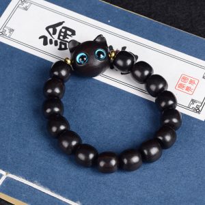Buddha Stones Ebony Wood Green Sandalwood Red Sandalwood Lovely Cat Balance Bracelet Bracelet BS Ebony Cat 12mm*15 Beads(Wrist Circumference 14-16cm)