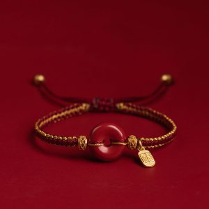 Buddha Stones Natural Cinnabar Peace Buckle Fu Character Charm Blessing Braided Bracelet Bracelet BS 15mm Peace Buckle(Wrist Circumference 14-18cm)