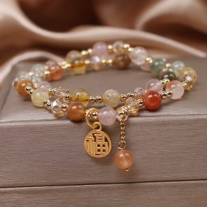 Buddha Stones Multicolored Rutilated Quartz Fu Character Auspiciousness Bracelet Bracelet BS Rutilated Quartz(Auspiciousness♥Courage)