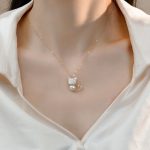 Buddha Stones 14K Gold Plated Pearl Hetian Jade Shell Luck Cat Kitten Necklace Pendant Necklaces & Pendants BS 3