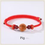 Buddha Stones Natural Peach Wood Chinese Zodiac Fu Character Carved Cinnabar Wealth Bracelet Bracelet BS Pig-Red(Wrist Circumference 14-22cm)