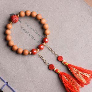 Buddha Stones Tibetan Natural Peach Wood Cinnabar PiXiu Wealth Tassels Bracelet Bracelet BS Peach Wood(With Tassels)