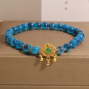Buddha Stones Blue Candy Agate Chinese Lock Charm Healing Bracelet Bracelet BS Blue Candy Agate(Wrist Circumference 14-16cm)