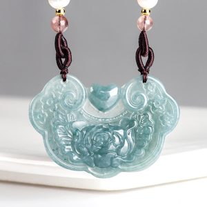 Buddha Stones Natural Jade Peony Flower Lock of Good Wishes Prosperity Necklace Pendant Necklaces & Pendants BS Jade(Prosperity♥Abundance)