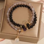 Buddha Stones Gold Sheen Obsidian Gray Agate Lotus Charm Strengthen Double Wrap Bracelet Bracelet BS 1