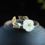 Buddha Stones 925 Silver Plated Copper White Jade Plum Flower Leaf Luck Ring Rings BS 5