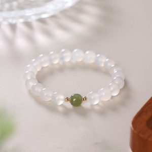 Buddha Stones Natural White Agate Jade Luck Bracelet Bracelet BS White Agate Jade(Wrist Circumference 14-16cm)
