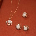 Buddha Stones 925 Sterling Silver Plated Gold Posts Hetian White Jade Tridacna Stone Camellia Flower Luck Necklace Pendant Ring Earrings Bracelet Necklaces & Pendants BS 3Pcs(Necklace&Ring&Earrings Set)