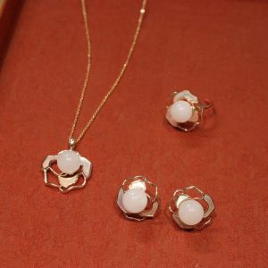 Buddha Stones 925 Sterling Silver Plated Gold Posts Hetian White Jade Tridacna Stone Camellia Flower Luck Necklace Pendant Ring Earrings Bracelet Necklaces & Pendants BS 3Pcs(Necklace&Ring&Earrings Set)