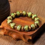 Buddha Stones Gold Swallowing Beast Family Charm Liuli Glass Bead Fortune Bracelet Bracelet BS Green Simple Version 12mm