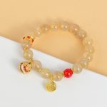 Buddha Stones Natural Golden Rutilated Quartz Fu Character Charm Bell Wealth Bracelet Bracelet BS 3