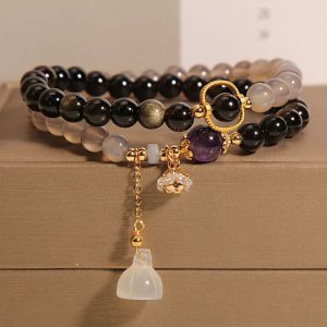 Buddha Stones Gold Sheen Obsidian Gray Agate Lotus Charm Strengthen Double Wrap Bracelet Bracelet BS Gold Sheen Obsidian Gray Agate(Wrist Circumference 14-15cm)