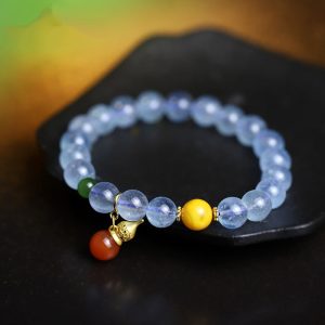 Buddha Stones Aquamarine Red Agate Peace Gourd Charm Bracelet Bracelet BS Aquamarine