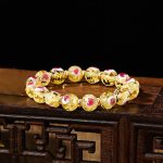 Buddha Stones Gold Swallowing Beast Family Pink Love Heart Luminous Fluorescent Liuli Glass Bead Bracelet Bracelet BS Gold Simple Version